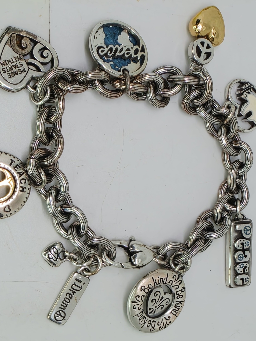 Brighton I Dream Peace Charm Bracelet Retired Silver Plate Heart Dove World 8”